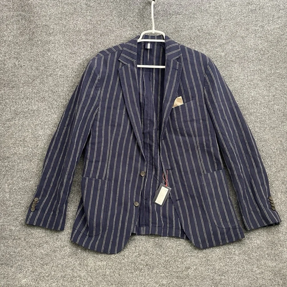 Cremieux Linen Blend Striped Sport Coat Men's Sz M Unstructured Navy Blue